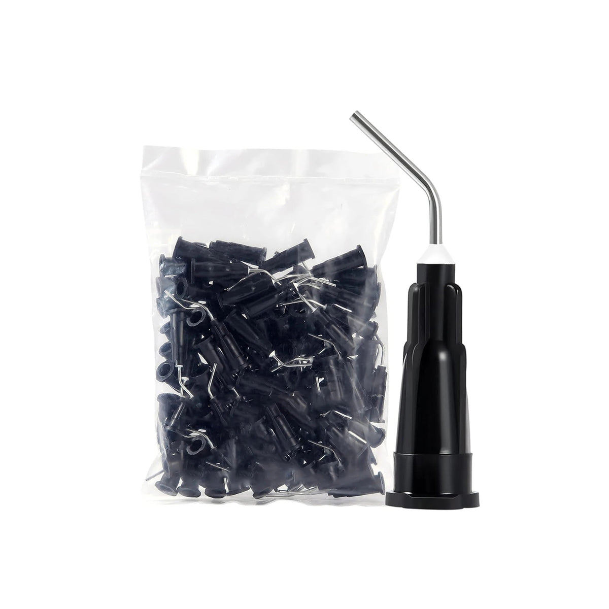 Black pre-bent dental delivery tip closeup