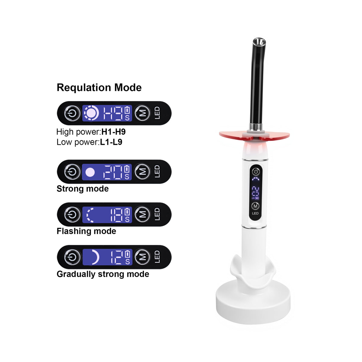 LCD display screen closeup showing working mode, time and power of dental curing light