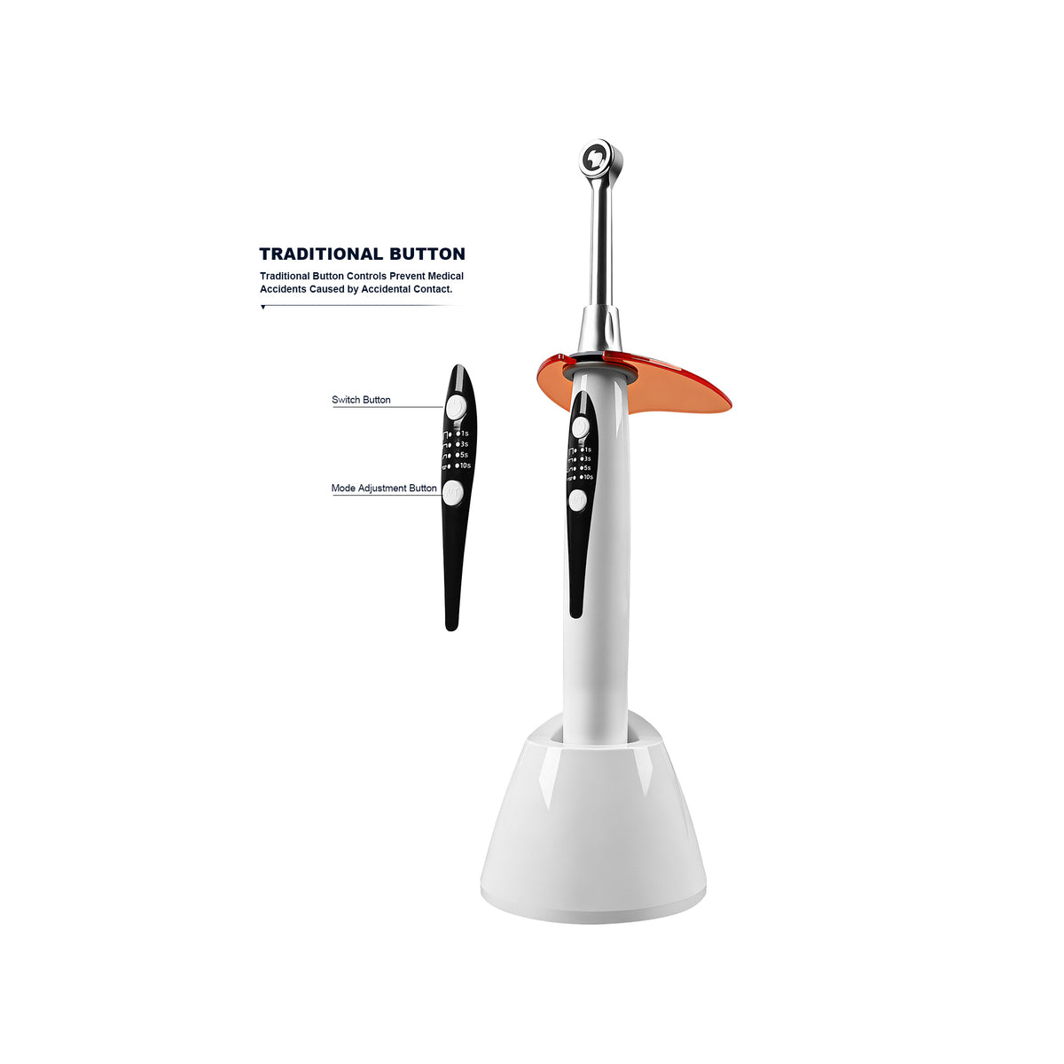 Dimension specification drawing of metal‑tip dental curing light