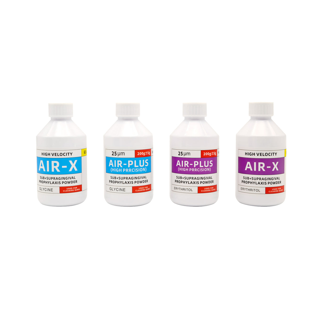 4 bottles dental air flow sandblasting prophy powder glycine erythritol, white background