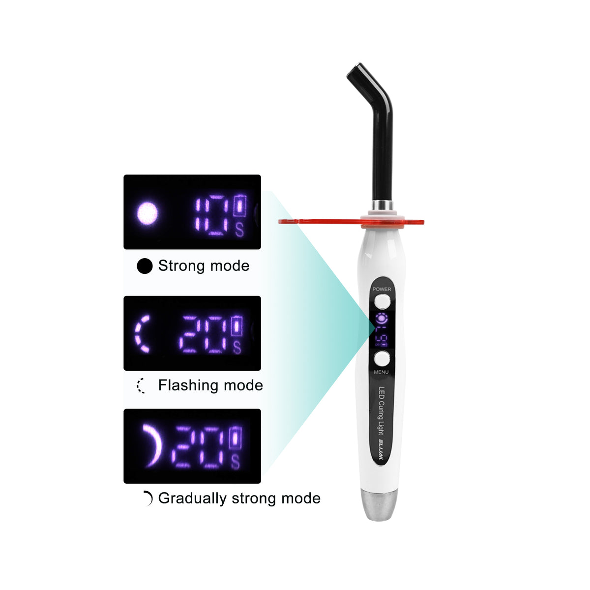 LCD screen closeup showing 5s curing mode, battery level and working parameters of professional curing unit