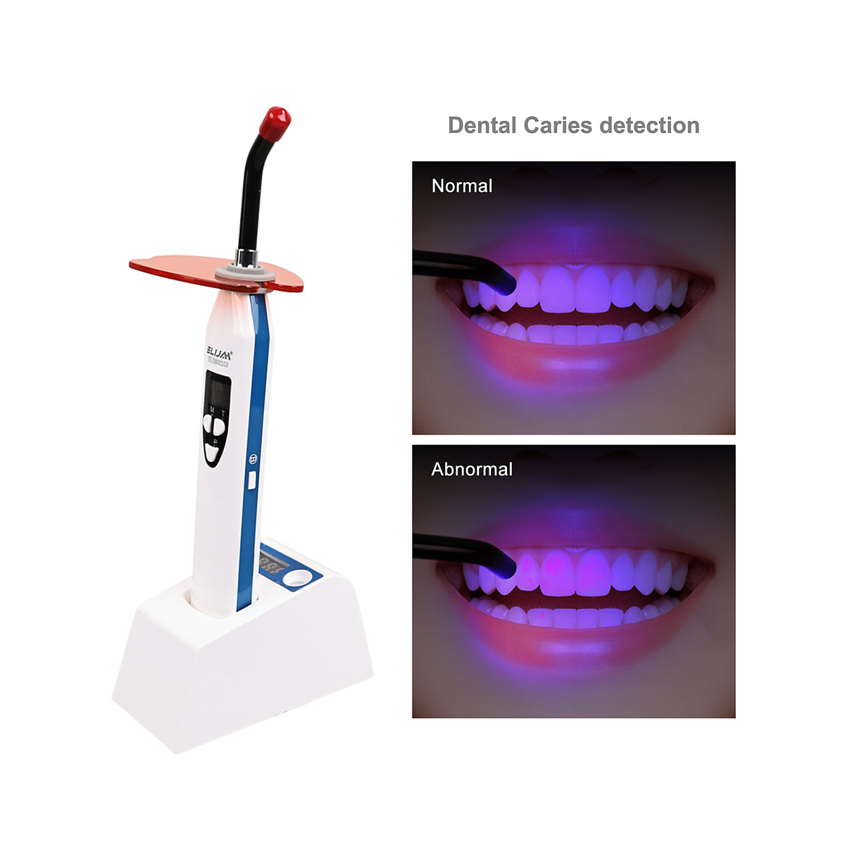 Blue light working demonstration of 5s dental curing light with light meter
