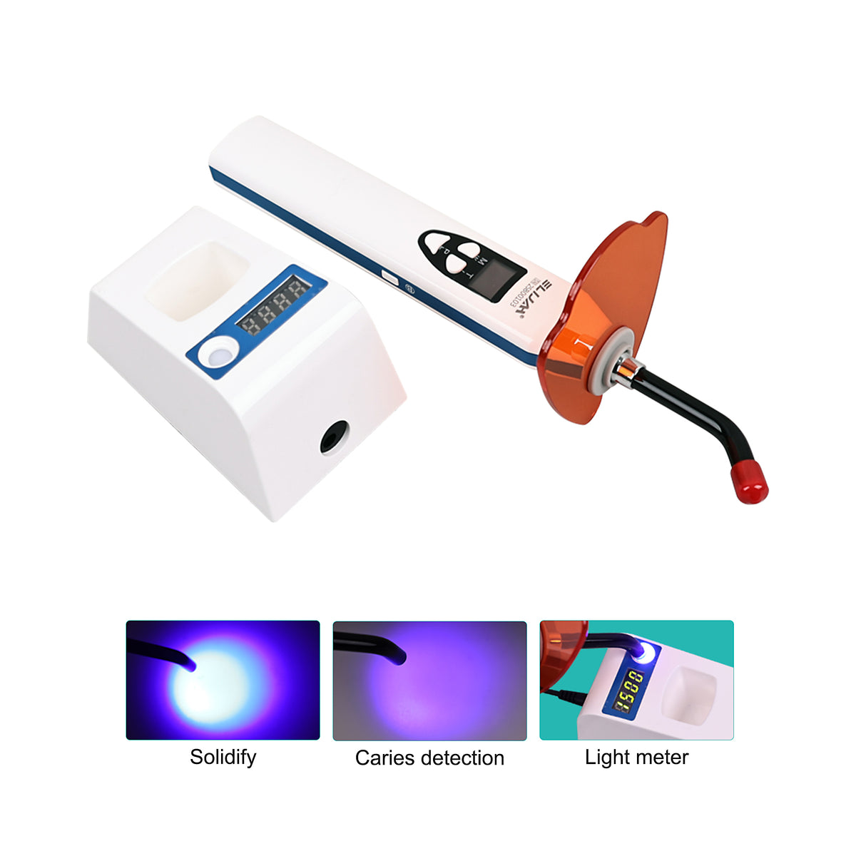 Blue light working demonstration of 5s dental curing light with light meter