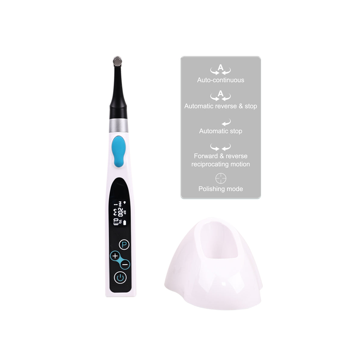 9‑program dental endo motor sitting on charging dock charging status display