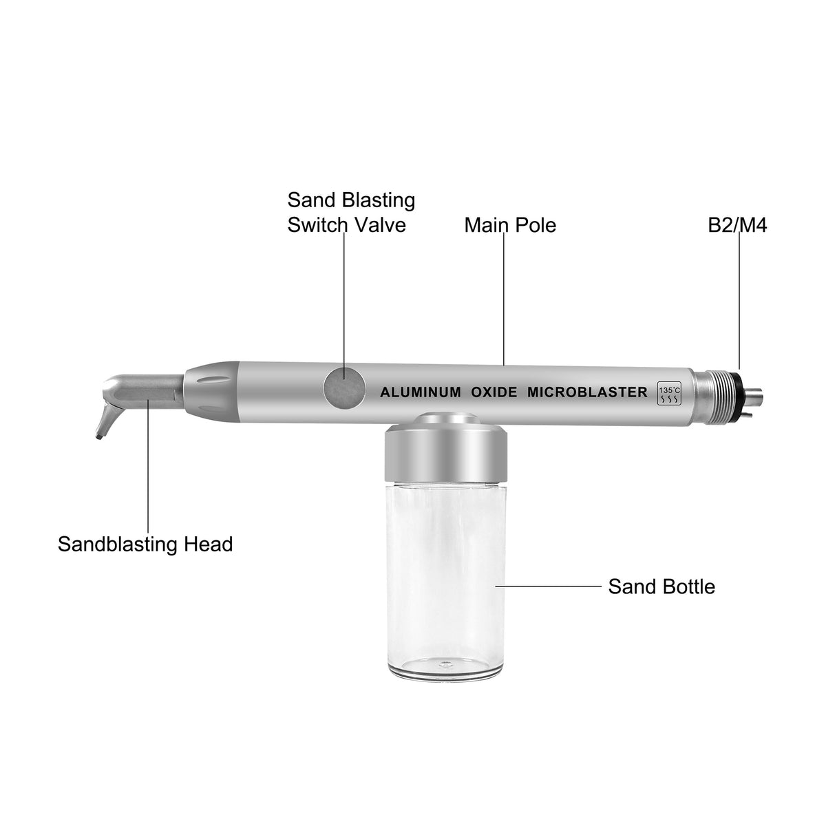 ALUMINUM OXIDE MICROBLASTER text & 135°C sterilization mark