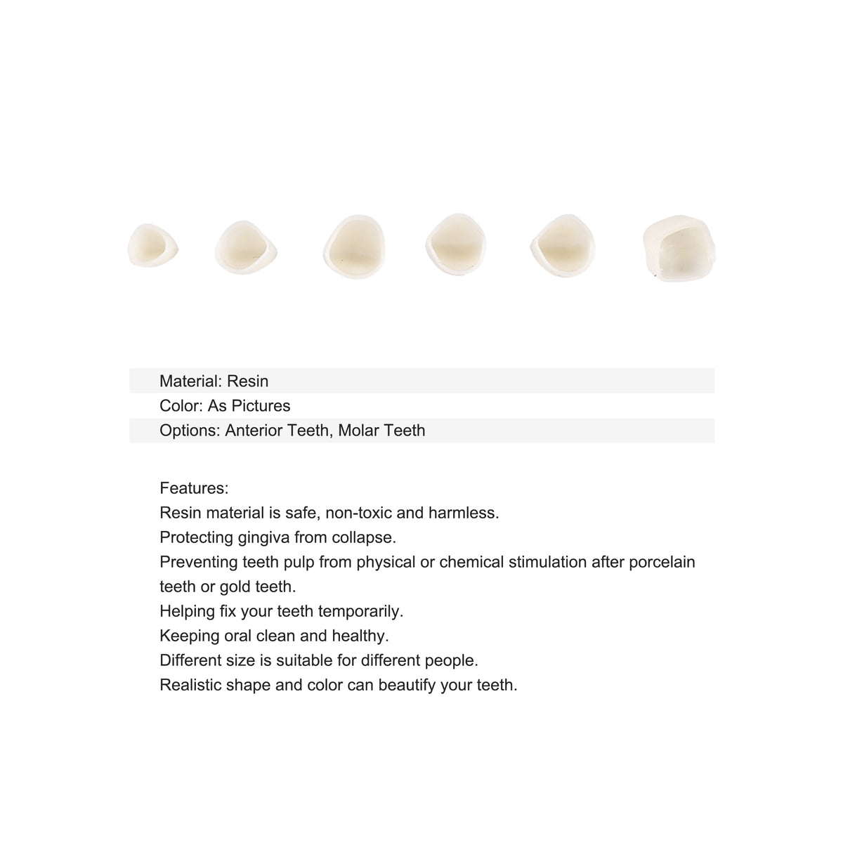 Anterior temp crown assorted sizes layout