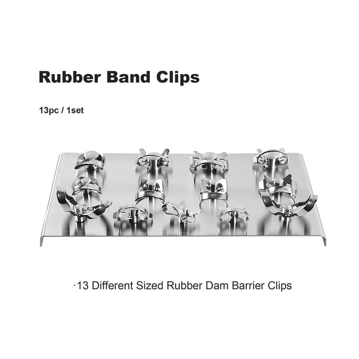 Assorted rubber dam clamps on metal plate