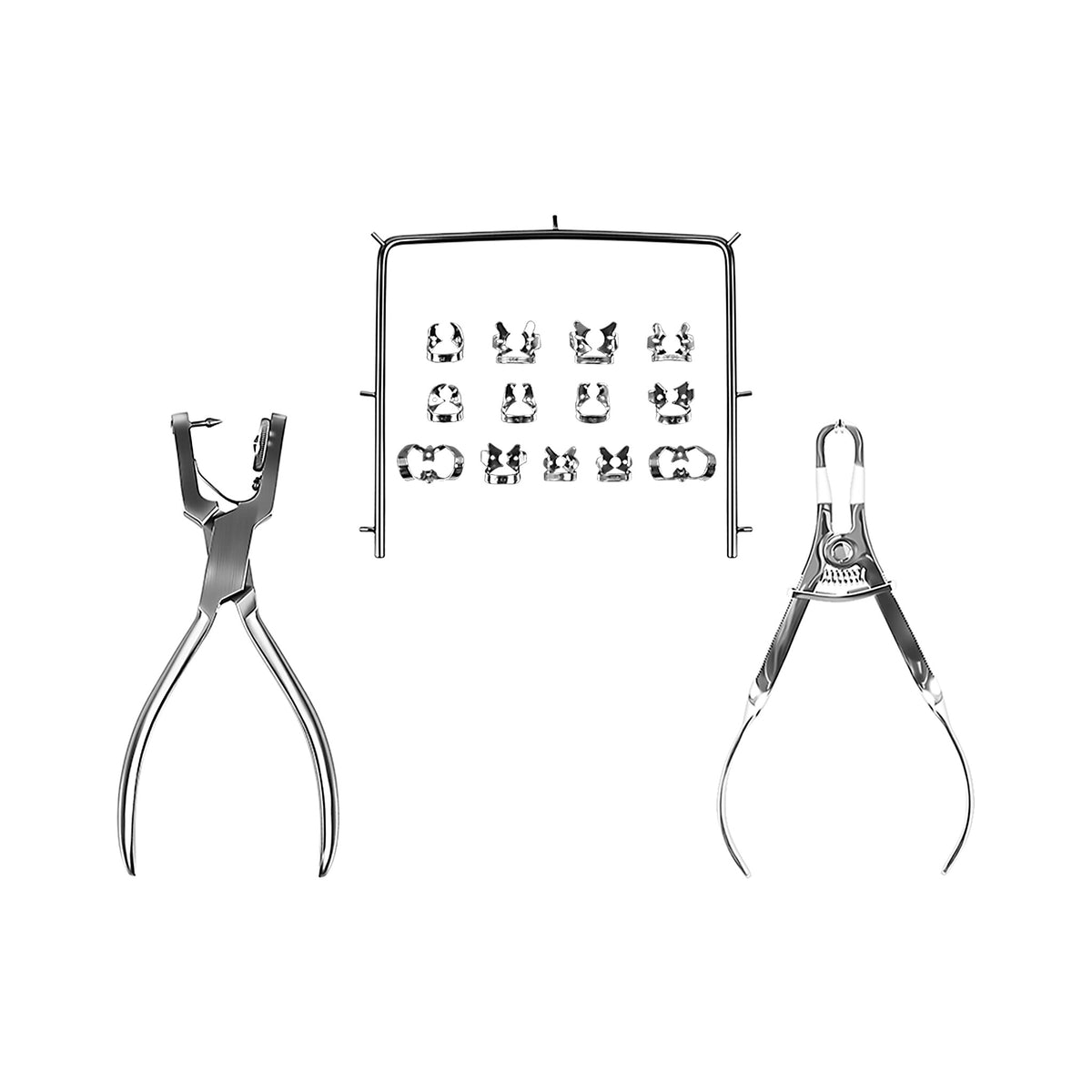Assorted rubber dam clamps on metal plate