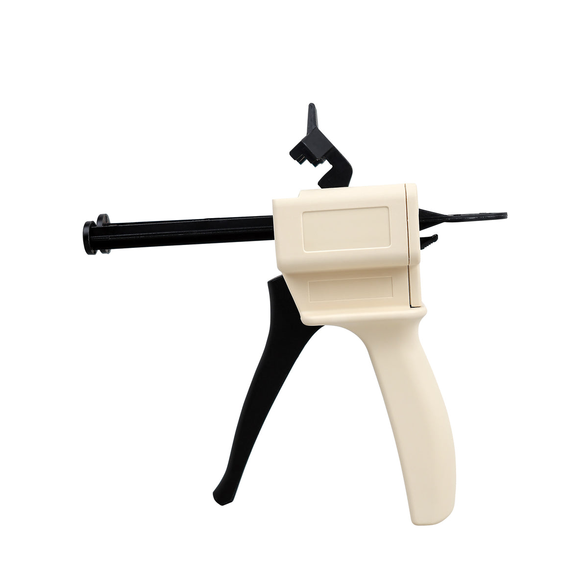 Beige dental impression mixing dispensing gun, white background