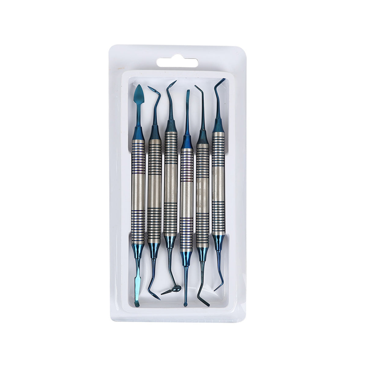 Blue coated composite filling instruments group closeup