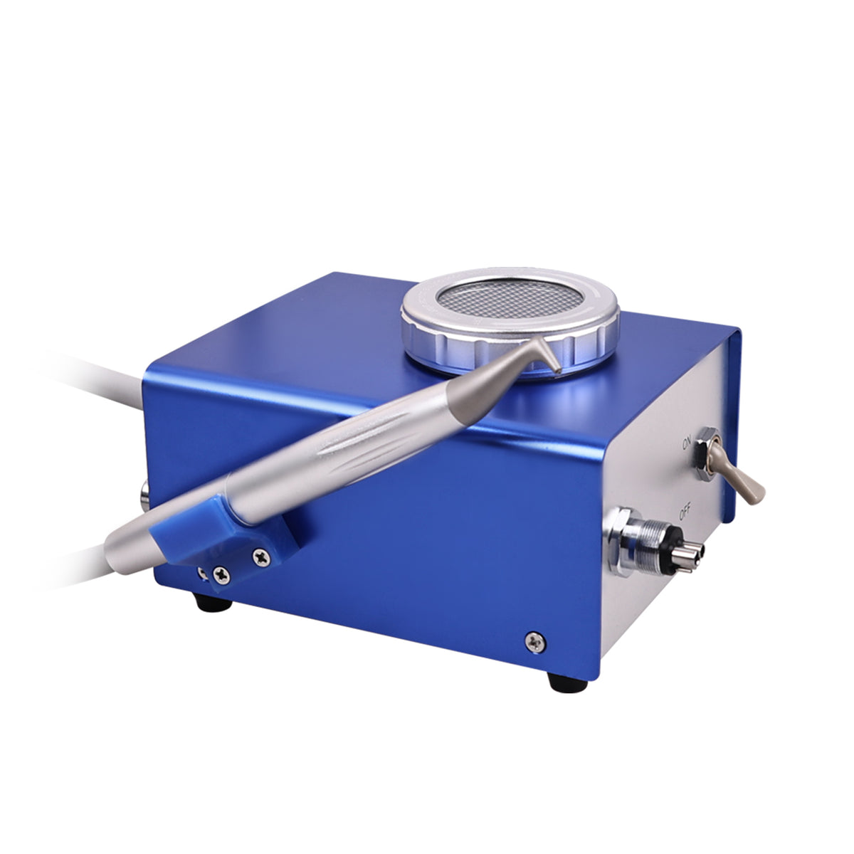 Blue compact dental teeth sandblasting machine micro etcher with handpiece, white background