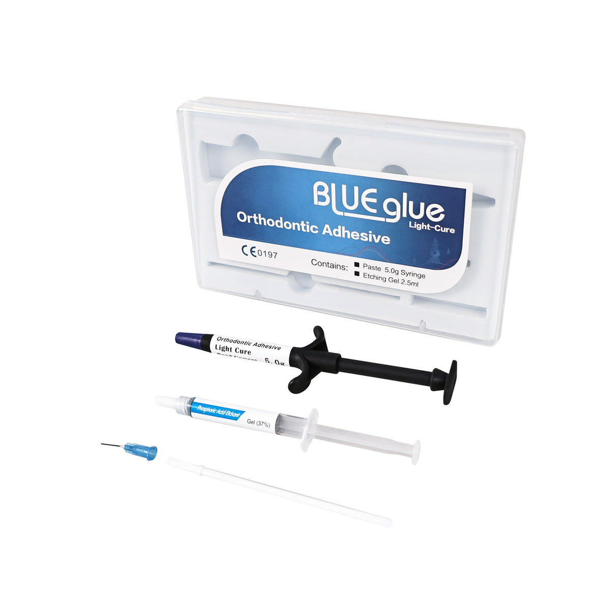 Blue orthodontic bonding adhesive syringe close-up