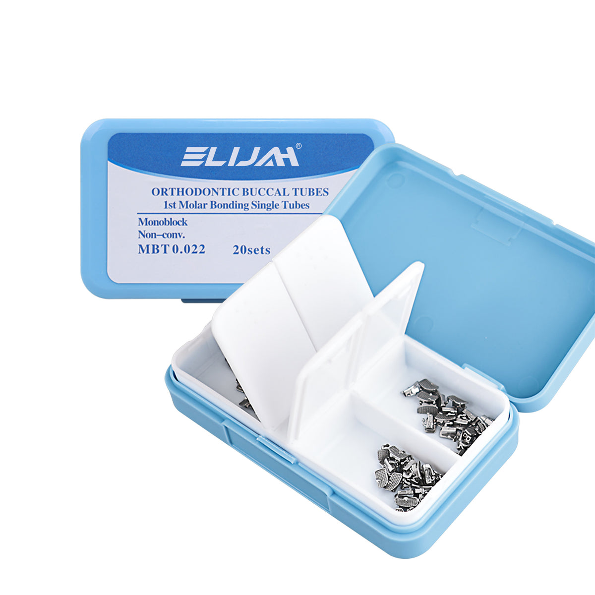 Blue plastic storage box of buccal tubes with brand label