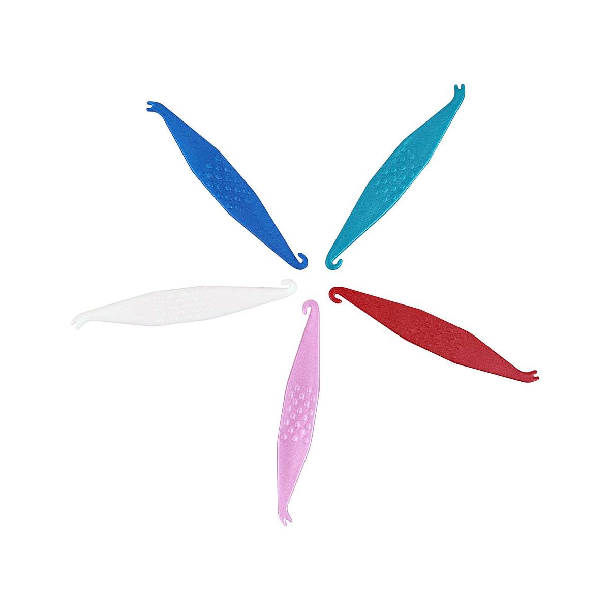 Color comparison display of all six rubber band hooks