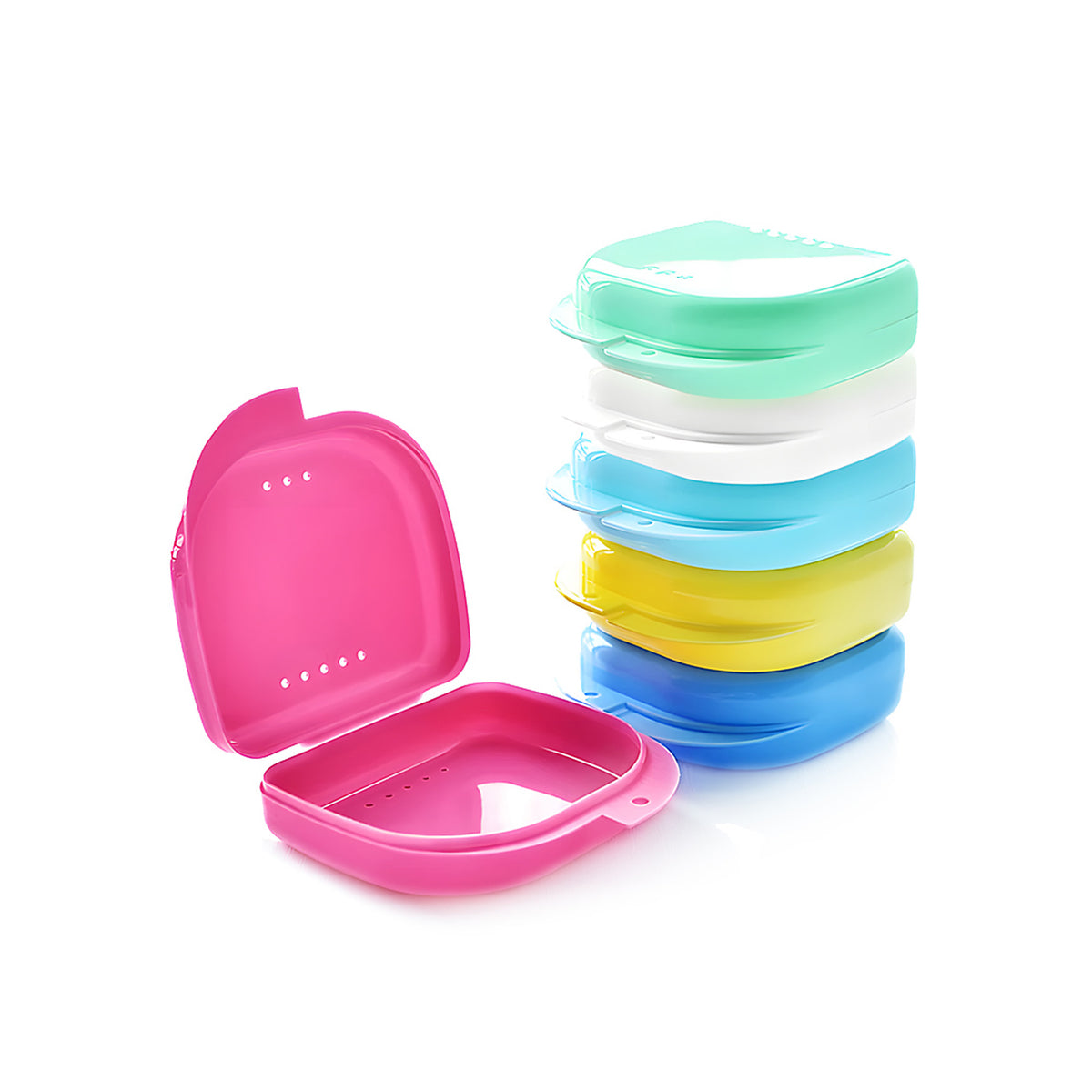 Colorful dental retainer box stack, open pink case