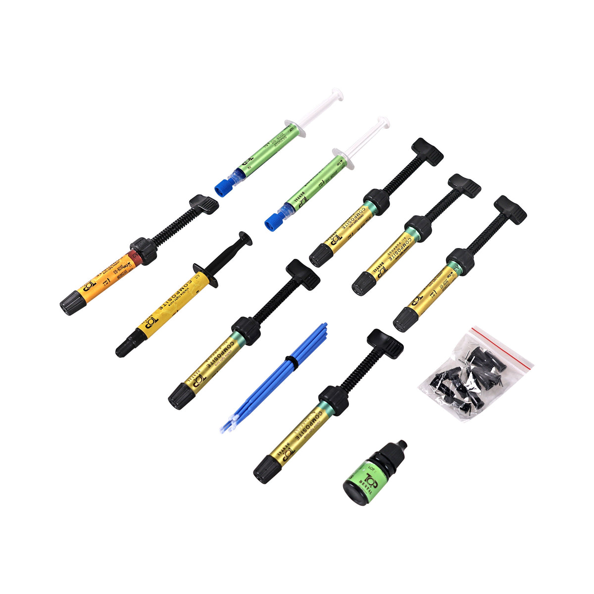 Composite resin syringes multi shades close shot