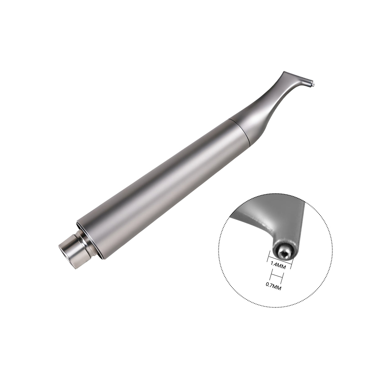 Curved stainless steel nozzle tip close-up