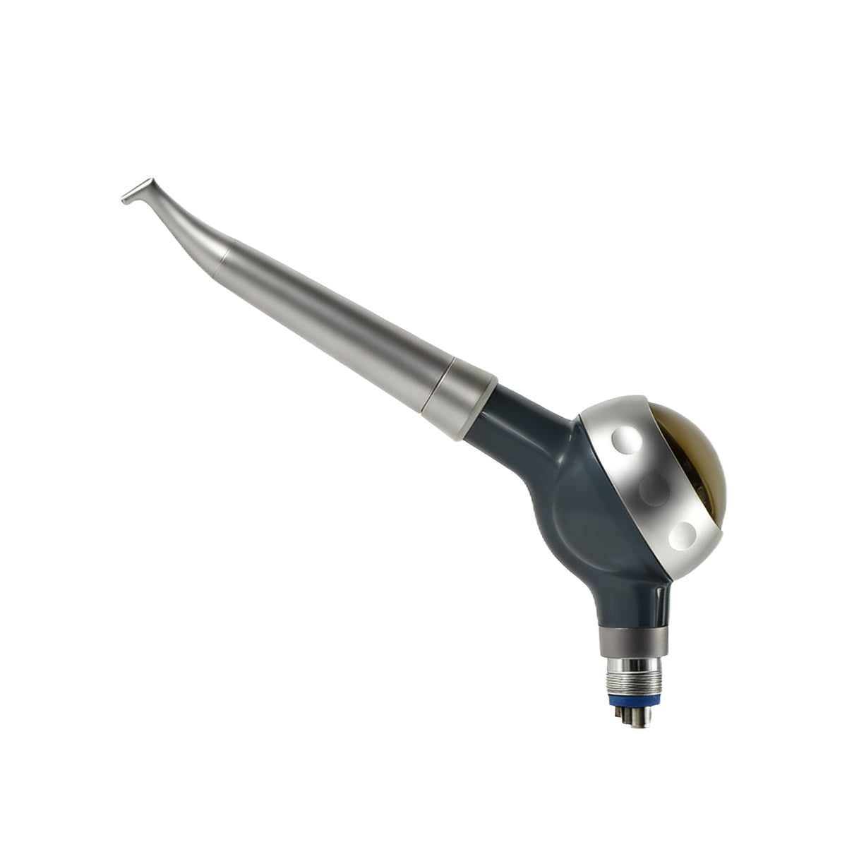 Dark gray dental air prophy air flow polisher handpiece, white background