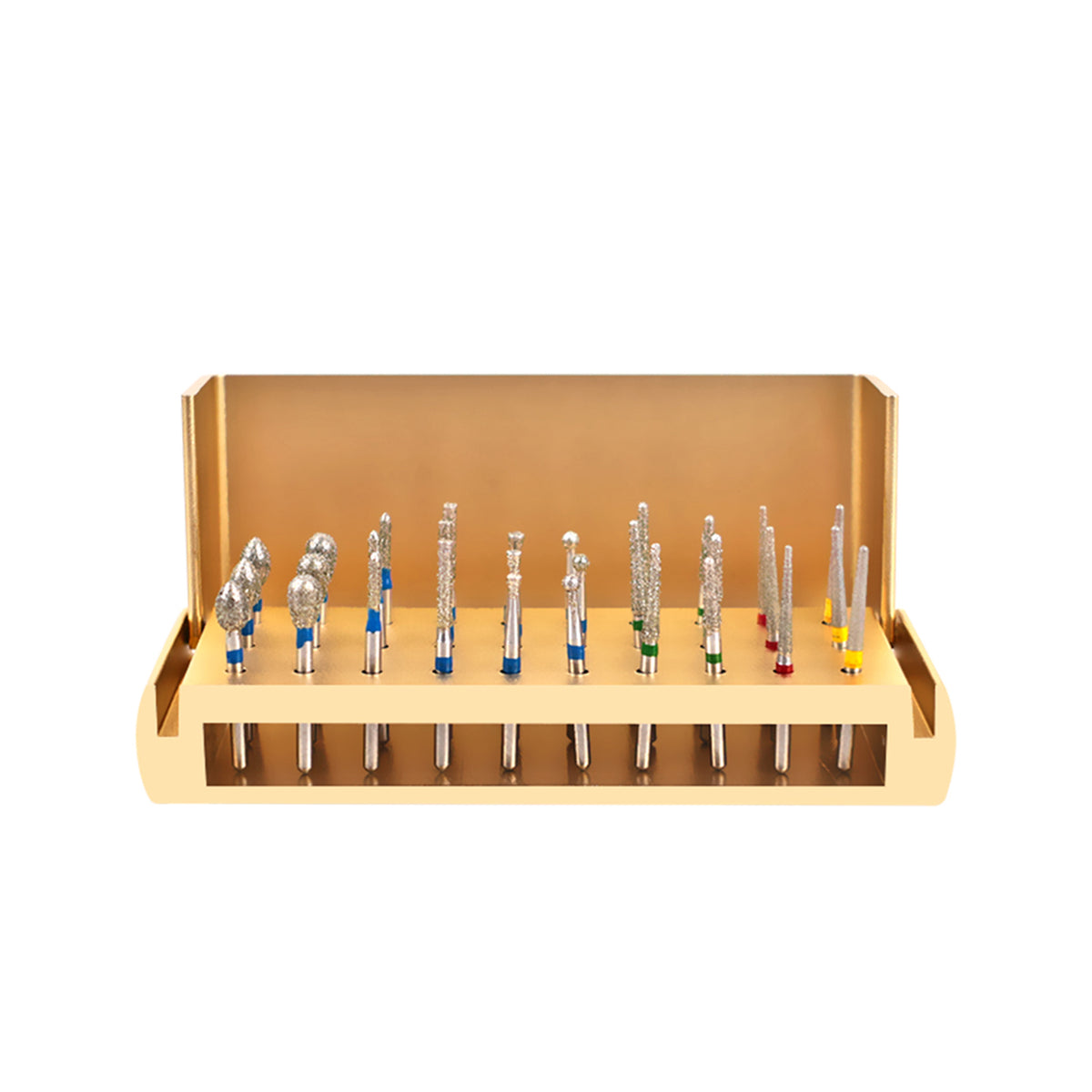 Gold color dental bur block with 30 diamond burs