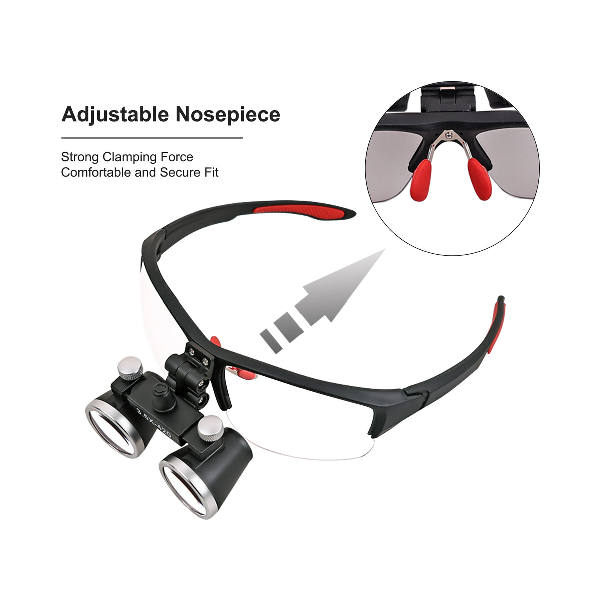 Comfortable eyeglass frame with soft nose pad for dental loupes