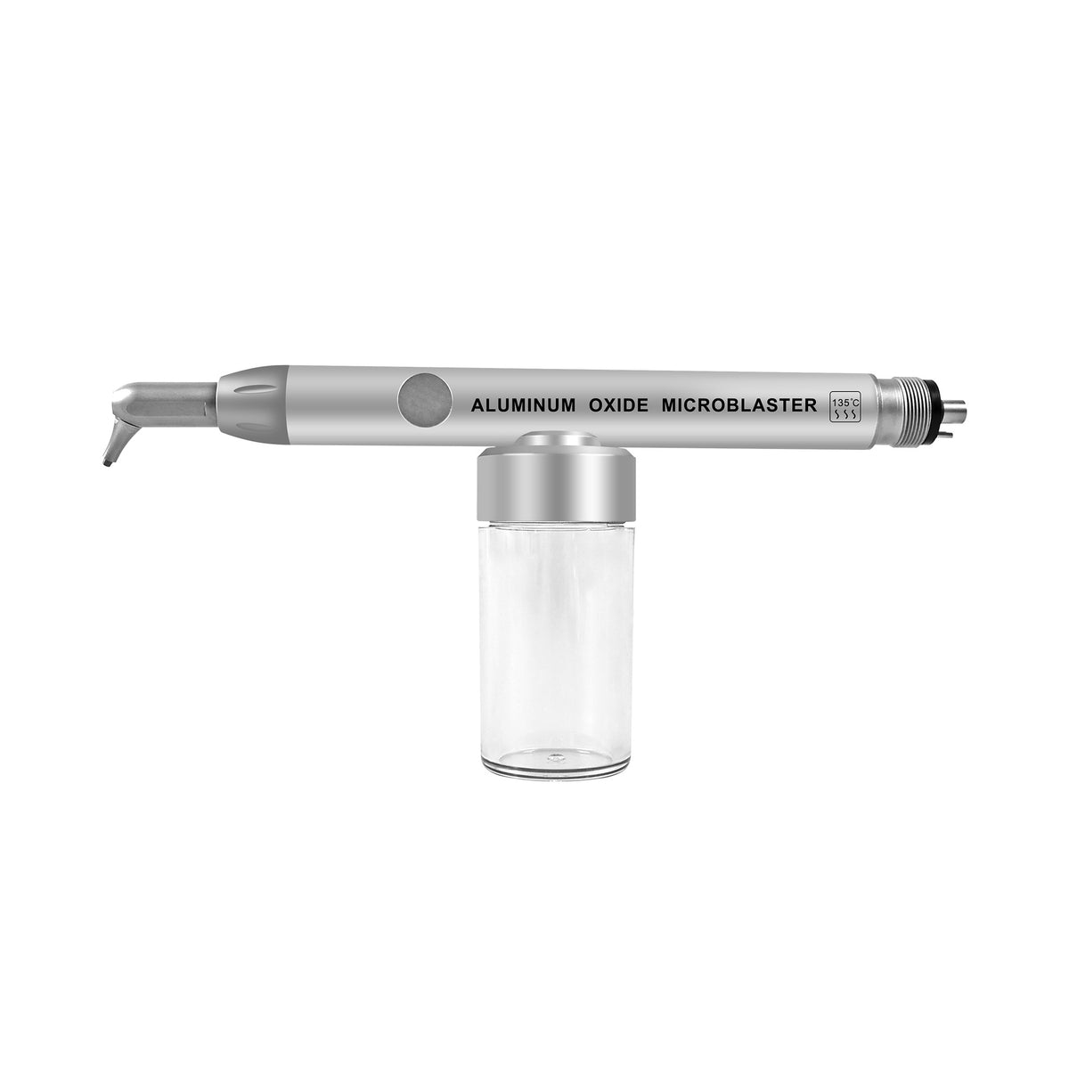 Dental Aluminum Oxide Microblaster air abrasion handpiece with powder bottle, white background