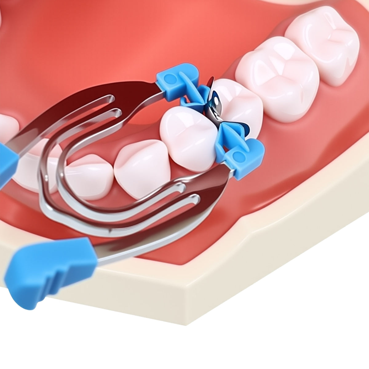 Dentist place M4 matrix band on molar for composite filling