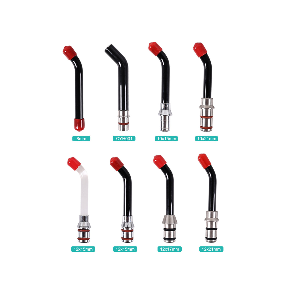 Dental light curing fiber guide set, multiple sizes and styles