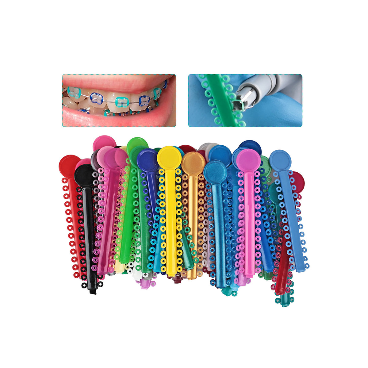 Orthodontist placing ligature ties on brackets clinically