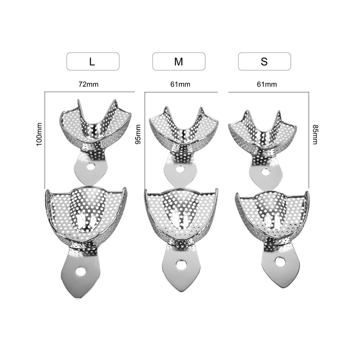 Different sizes stainless steel impression trays comparison