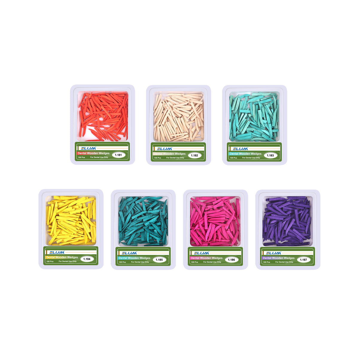 ELIJAH color coded dental wooden wedges 7 boxes set, white background
