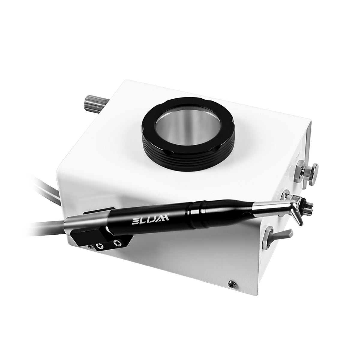 Elijah white desktop dental sandblasting machine with black handpiece, white background