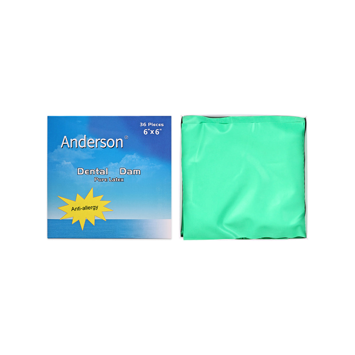 Front view of Anderson dental rubber dam packaging box