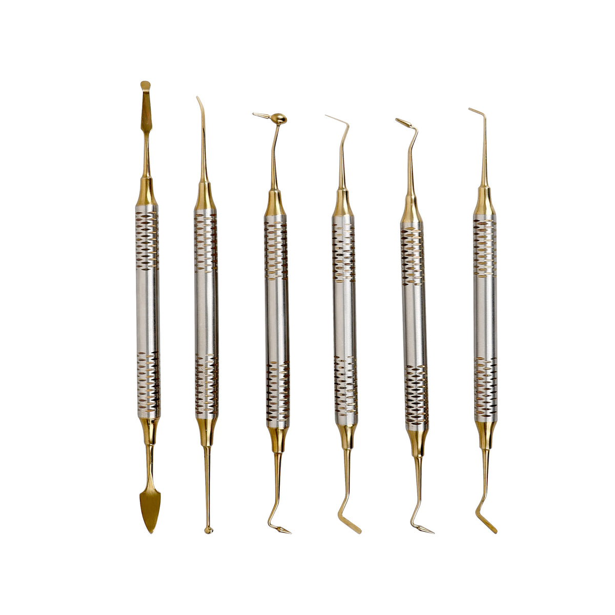 Gold coated composite filling instruments group closeup