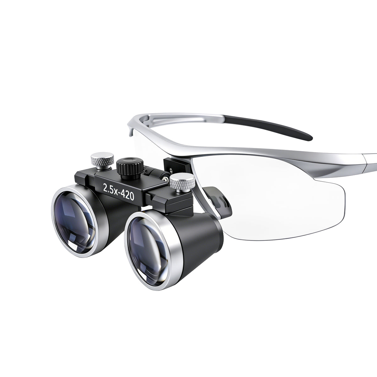 Close-up of LED headlight on dental surgical loupe