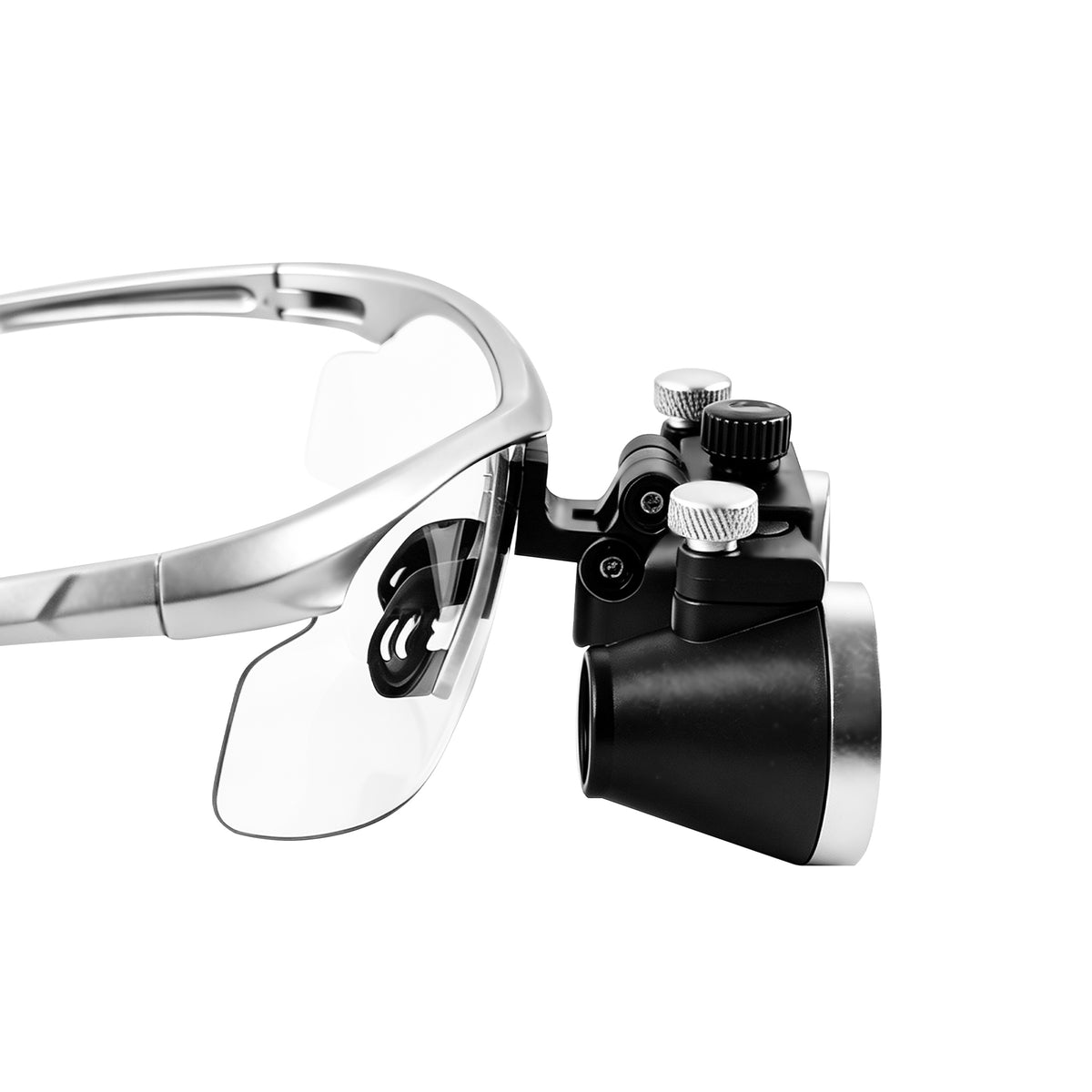 Adjustment knob detail of dental surgical magnifier loupes