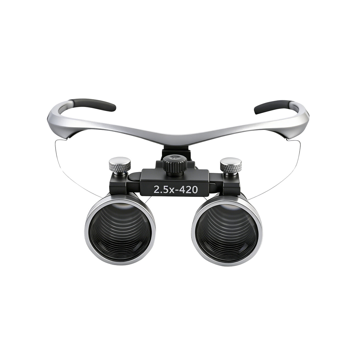 Side view of spectacle style frame dental binocular loupes