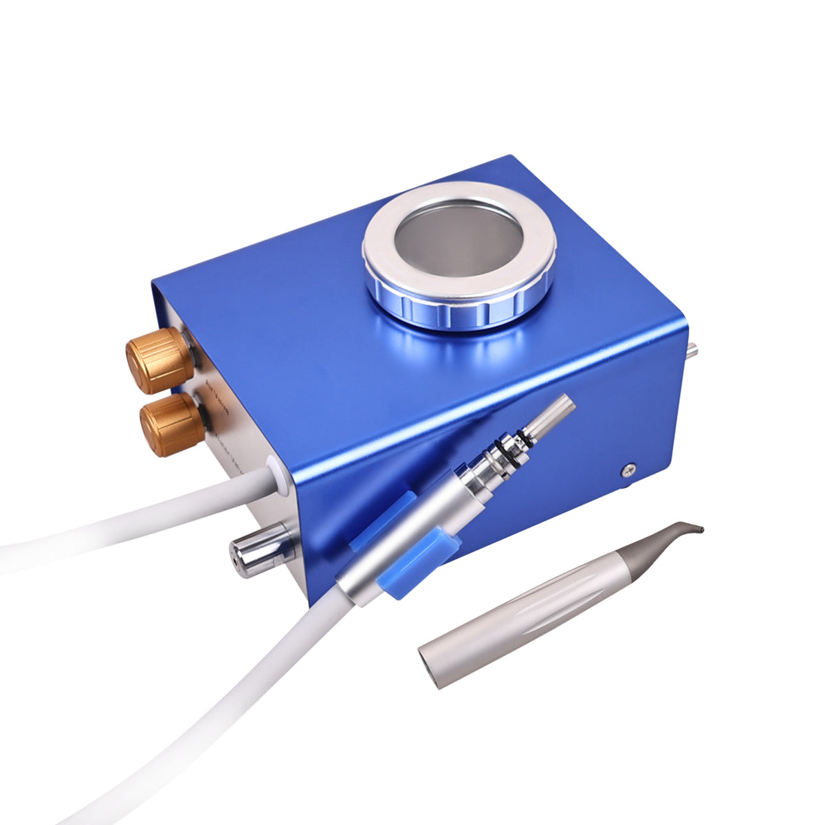 Left side angle shot of blue dental micro sandblaster