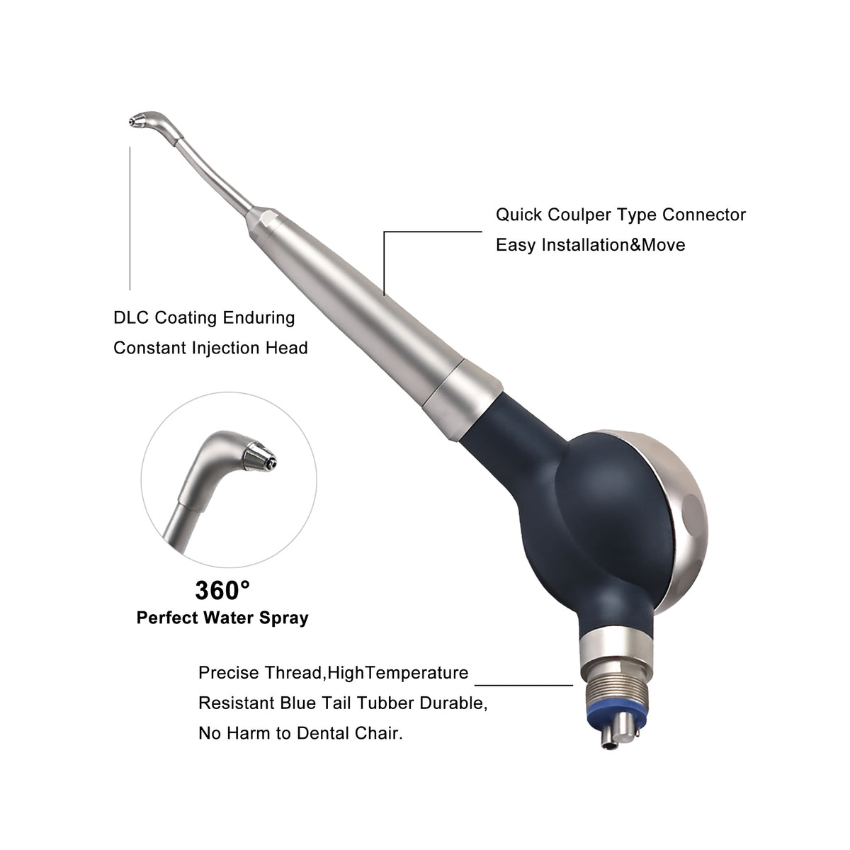 Long curved metal nozzle close-up of dental air polisher