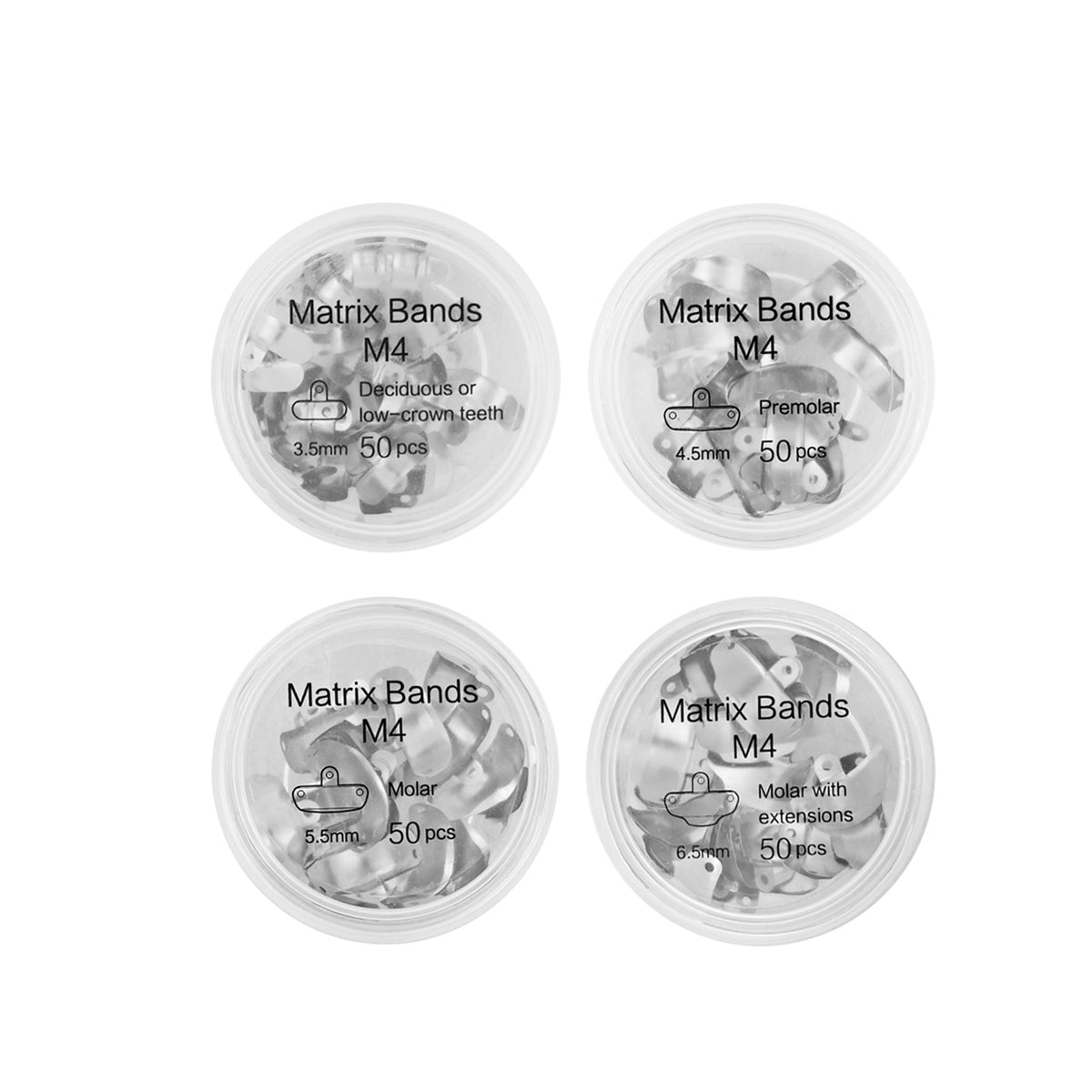 Round box of M4 matrix bands for deciduous low crown teeth