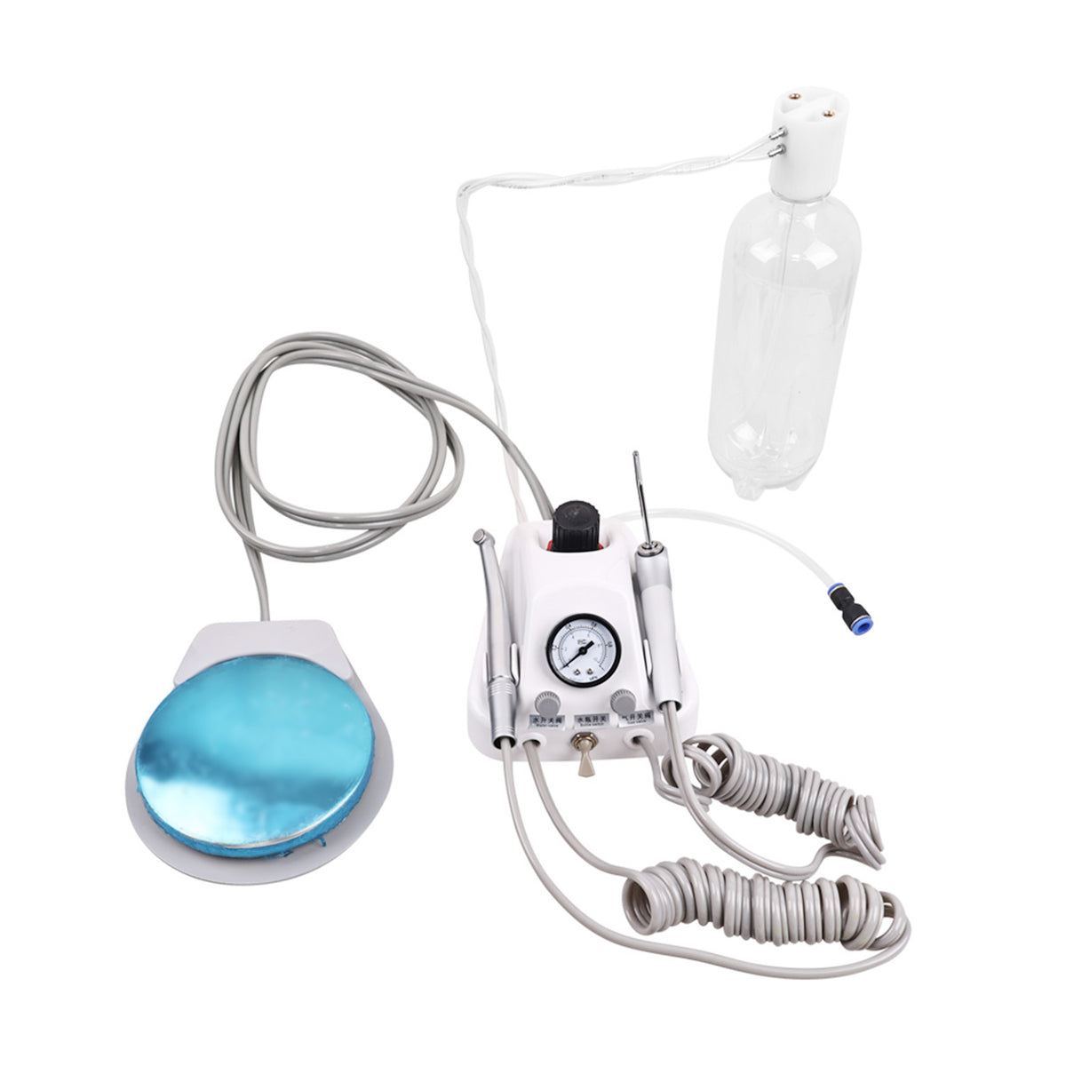 Mini portable dental air turbine unit with foot pedal and water bottle, white background