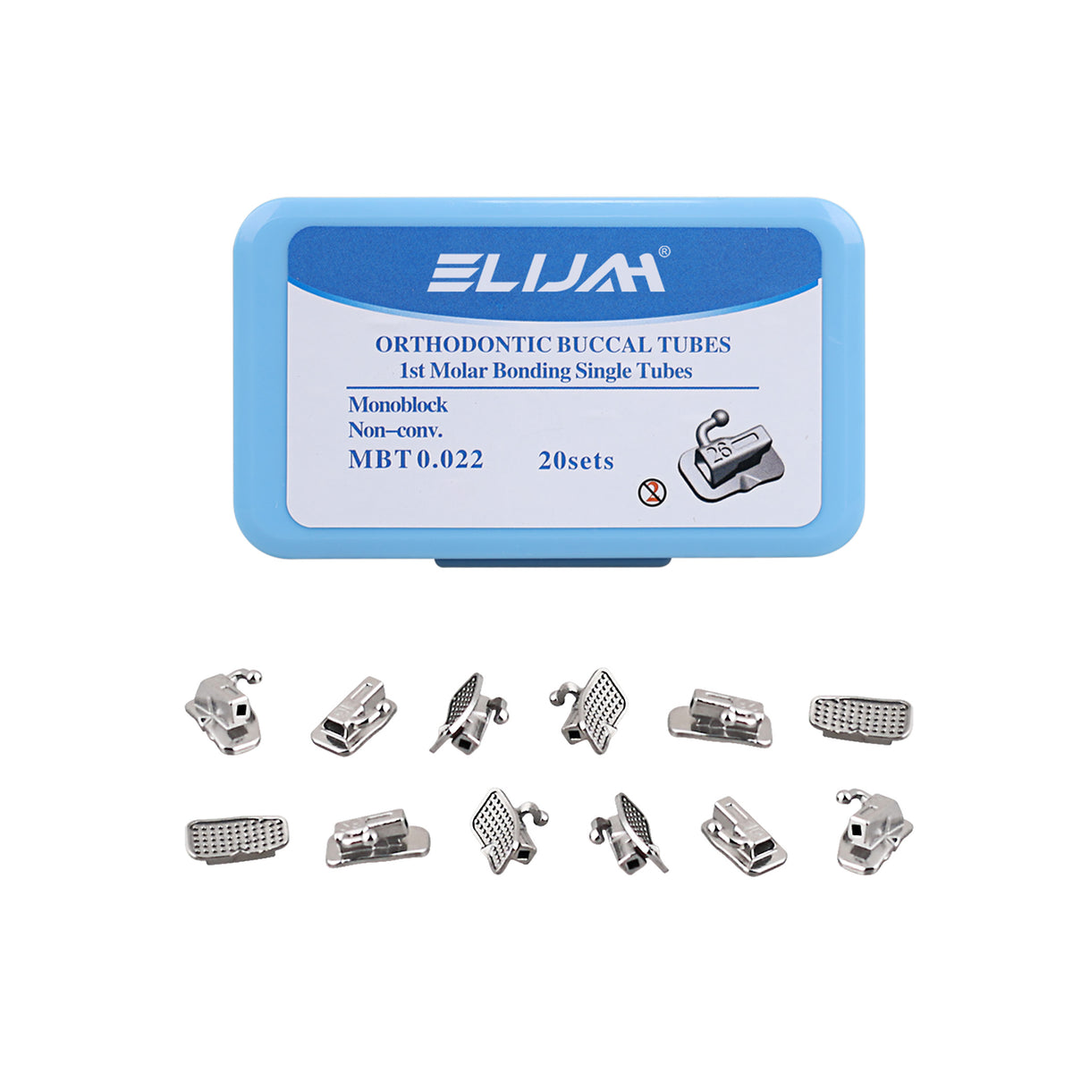 Orthodontic 1st Molar Bonding Single Buccal Tubes box and loose samples white background main image