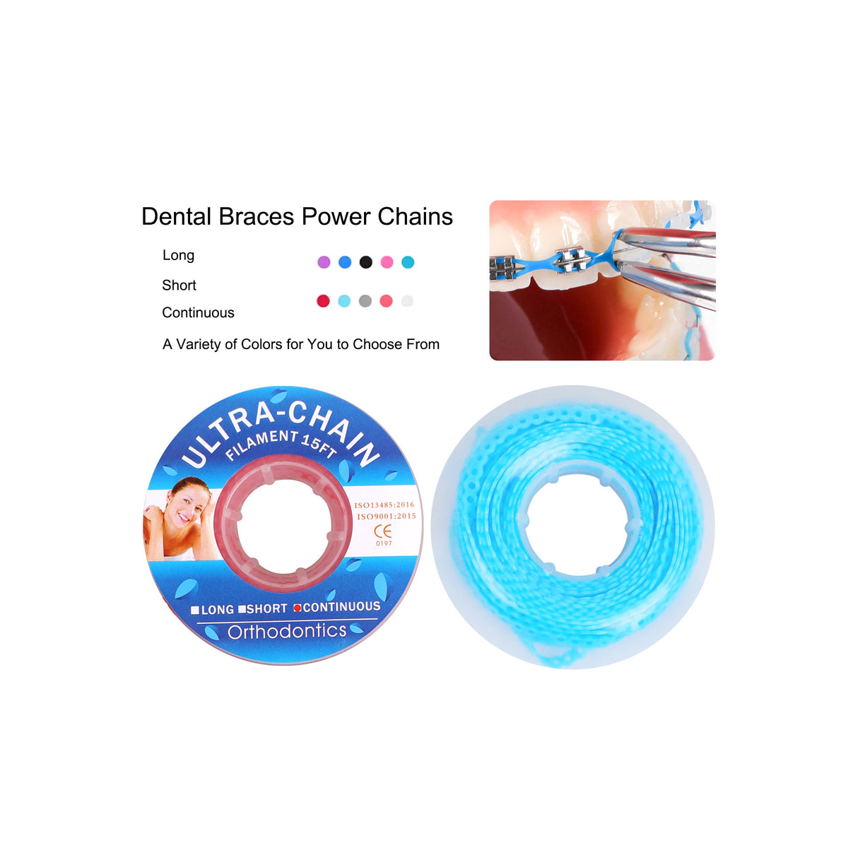 Dentist applying power chain on patient metal brackets