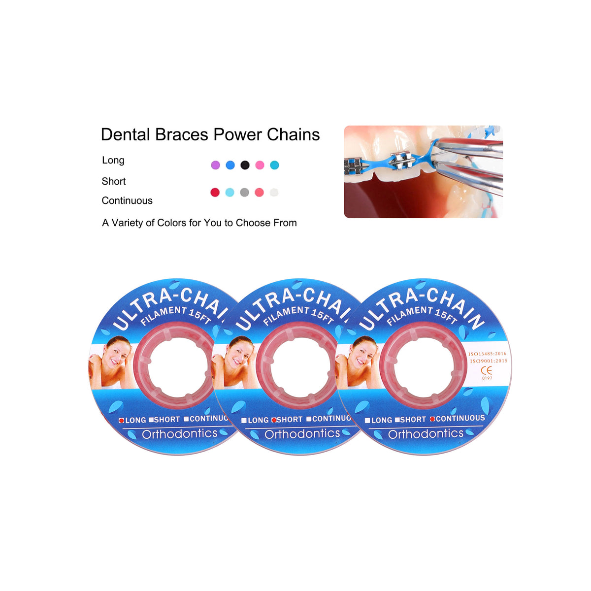 Power chain mounted on dental orthodontic model