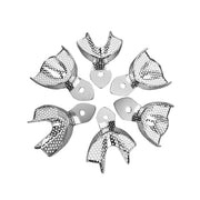 Reusable perforated stainless steel dental impression trays set, white background