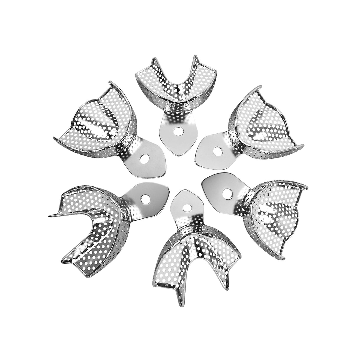 Reusable perforated stainless steel dental impression trays set, white background