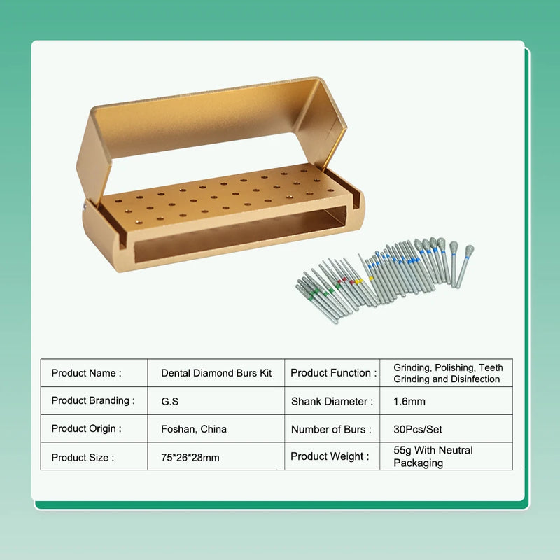 Colorful 30Pcs/Set Dental Diamond Burs Drill Teeth Polishing Drillls With Aluminum Disinfection Holder Block For Dental Lab Tool