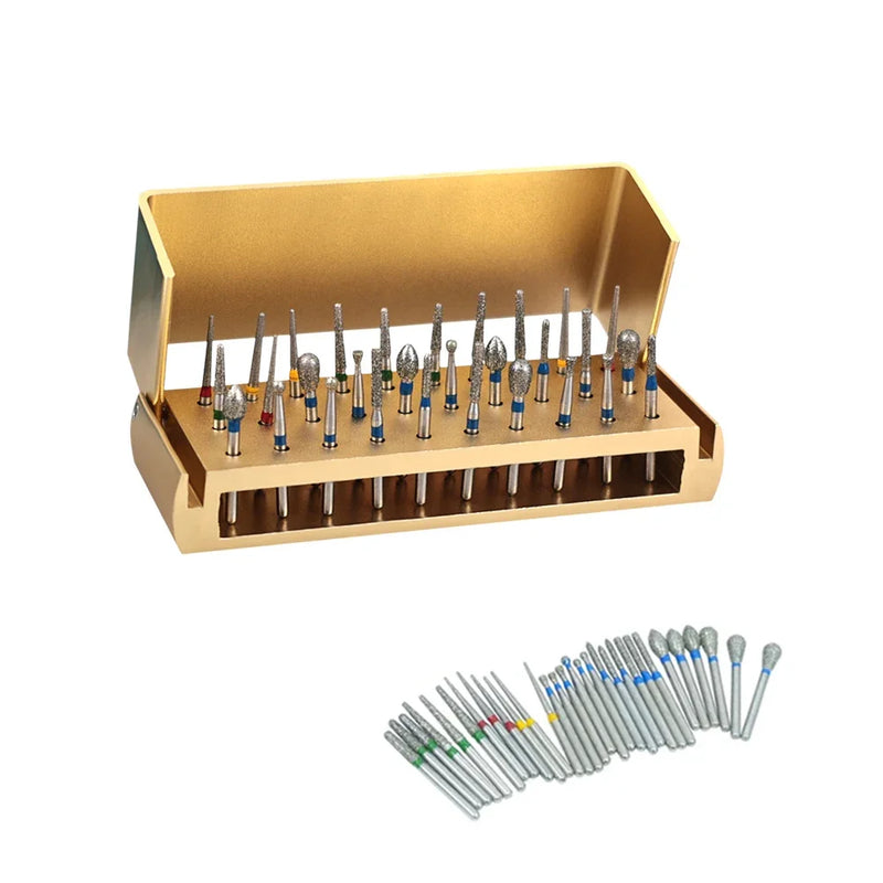Colorful 30Pcs/Set Dental Diamond Burs Drill Teeth Polishing Drillls With Aluminum Disinfection Holder Block For Dental Lab Tool