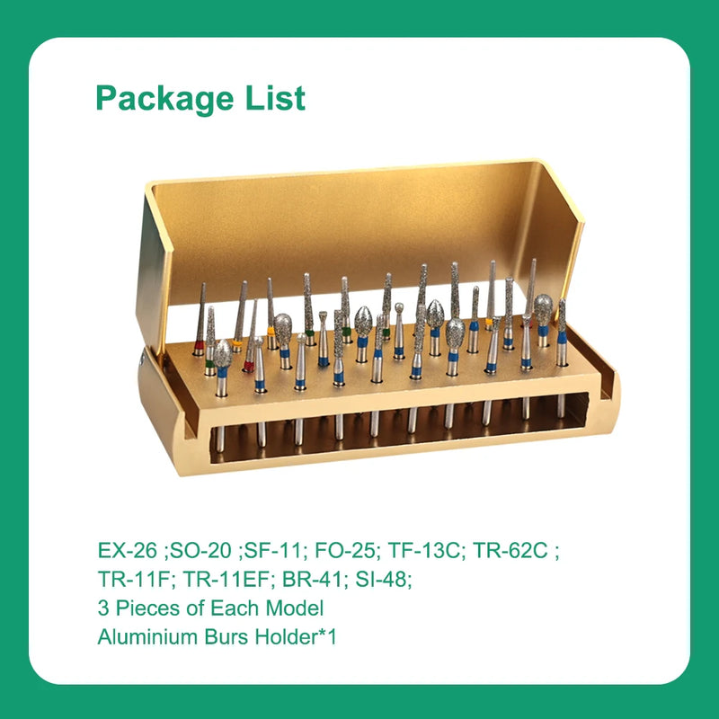 Colorful 30Pcs/Set Dental Diamond Burs Drill Teeth Polishing Drillls With Aluminum Disinfection Holder Block For Dental Lab Tool