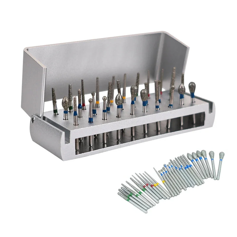 Colorful 30Pcs/Set Dental Diamond Burs Drill Teeth Polishing Drillls With Aluminum Disinfection Holder Block For Dental Lab Tool