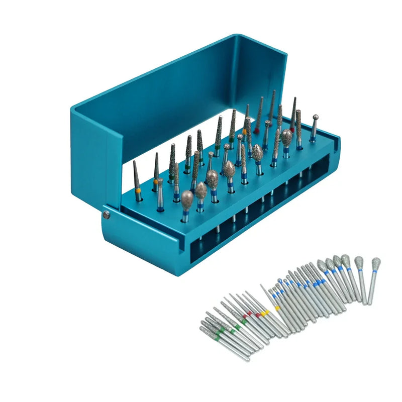 Colorful 30Pcs/Set Dental Diamond Burs Drill Teeth Polishing Drillls With Aluminum Disinfection Holder Block For Dental Lab Tool
